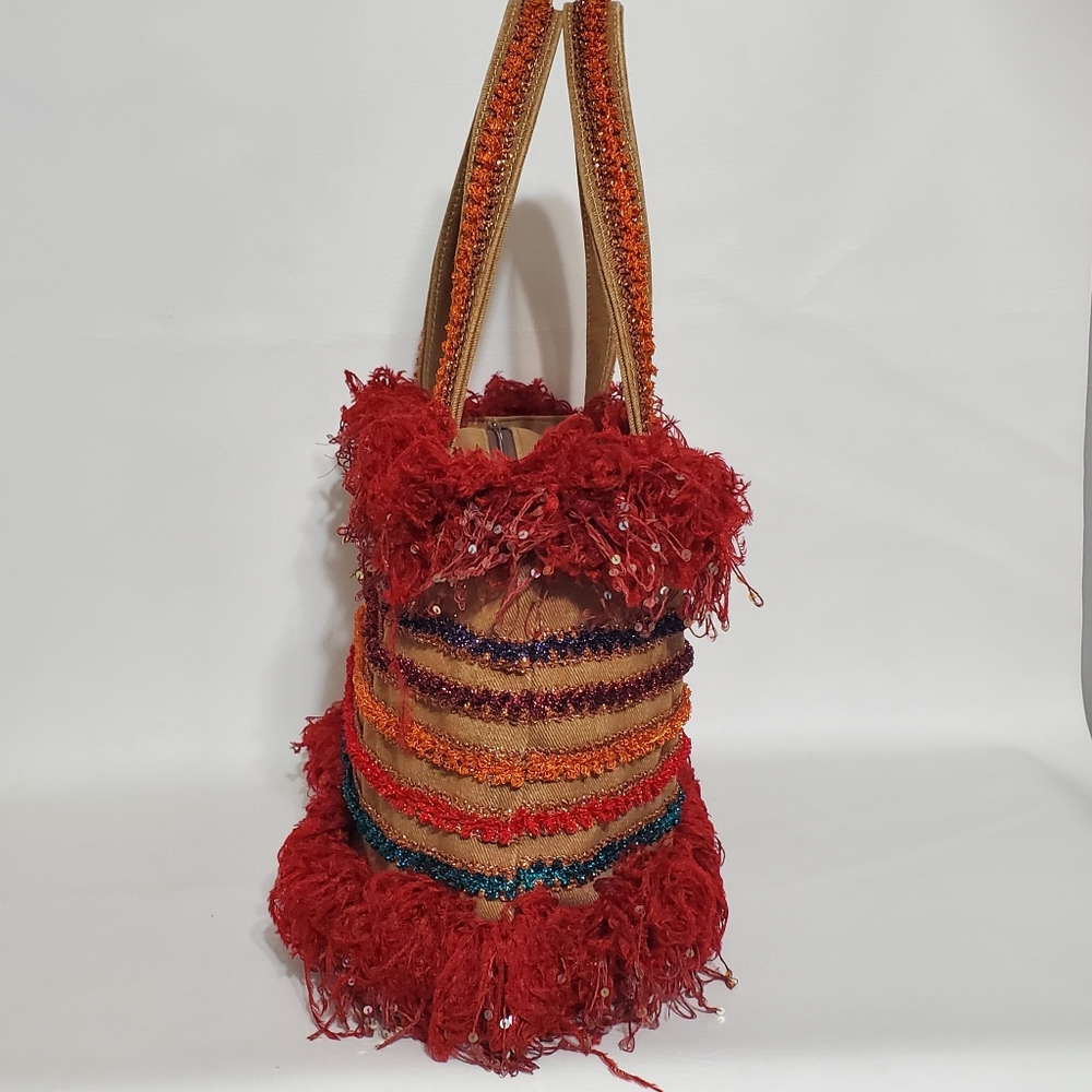 Chic Red and Orange Fringed Sequin Boa Tote Bag - Picture 2 of 8